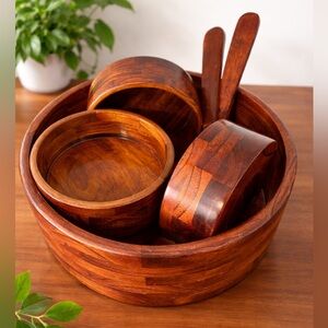 Vintage Wooden Salad Bowl Set w/ 4 Bowls & Serving Utensils